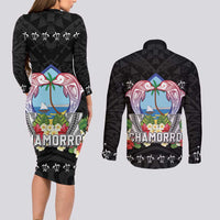Guam Chamorro Couples Matching Long Sleeve Bodycon Dress and Long Sleeve Button Shirt Tribal Latte Stone With Dolphins Black LT05 - Polynesian Pride