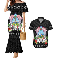 Guam Chamorro Couples Matching Mermaid Dress and Hawaiian Shirt Tribal Latte Stone With Dolphins Black LT05 Black - Polynesian Pride