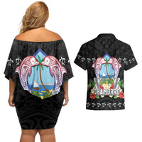 Guam Chamorro Couples Matching Off Shoulder Short Dress and Hawaiian Shirt Tribal Latte Stone With Dolphins Black LT05 - Polynesian Pride