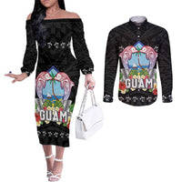 Guam Chamorro Couples Matching Off The Shoulder Long Sleeve Dress and Long Sleeve Button Shirt Tribal Latte Stone With Dolphins Black LT05 Black - Polynesian Pride