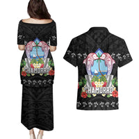 Guam Chamorro Couples Matching Puletasi and Hawaiian Shirt Tribal Latte Stone With Dolphins Black