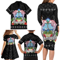 Guam Chamorro Family Matching Long Sleeve Bodycon Dress and Hawaiian Shirt Tribal Latte Stone With Dolphins Black LT05 - Polynesian Pride