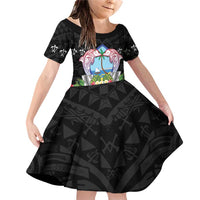 Guam Chamorro Family Matching Off Shoulder Short Dress and Hawaiian Shirt Tribal Latte Stone With Dolphins Black LT05 Daughter's Dress Black - Polynesian Pride