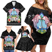 Guam Chamorro Family Matching Off Shoulder Short Dress and Hawaiian Shirt Tribal Latte Stone With Dolphins Black LT05 - Polynesian Pride