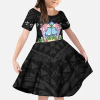 Guam Chamorro Family Matching Puletasi and Hawaiian Shirt Tribal Latte Stone With Dolphins Black LT05 Daughter's Dress Black - Polynesian Pride