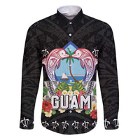 Guam Chamorro Family Matching Puletasi and Hawaiian Shirt Tribal Latte Stone With Dolphins Black LT05 Dad's Shirt - Long Sleeve Black - Polynesian Pride