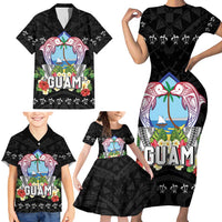 Guam Chamorro Family Matching Short Sleeve Bodycon Dress and Hawaiian Shirt Tribal Latte Stone With Dolphins Black LT05 - Polynesian Pride