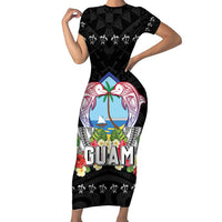 Guam Chamorro Family Matching Short Sleeve Bodycon Dress and Hawaiian Shirt Tribal Latte Stone With Dolphins Black LT05 Mom's Dress Black - Polynesian Pride