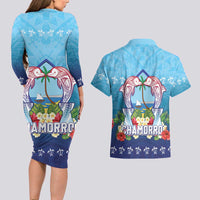 Guam Chamorro Couples Matching Long Sleeve Bodycon Dress and Hawaiian Shirt Tribal Latte Stone With Dolphins Blue LT05 - Polynesian Pride