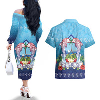 Guam Chamorro Couples Matching Off The Shoulder Long Sleeve Dress and Hawaiian Shirt Tribal Latte Stone With Dolphins Blue LT05 - Polynesian Pride
