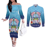 Guam Chamorro Couples Matching Off The Shoulder Long Sleeve Dress and Long Sleeve Button Shirt Tribal Latte Stone With Dolphins Blue LT05 Blue - Polynesian Pride