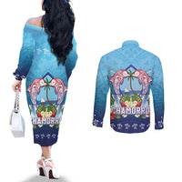 Guam Chamorro Couples Matching Off The Shoulder Long Sleeve Dress and Long Sleeve Button Shirt Tribal Latte Stone With Dolphins Blue LT05 - Polynesian Pride