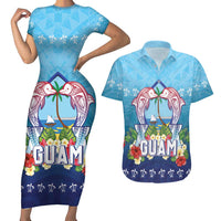 Guam Chamorro Couples Matching Short Sleeve Bodycon Dress and Hawaiian Shirt Tribal Latte Stone With Dolphins Blue LT05 Blue - Polynesian Pride