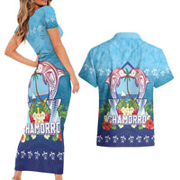 Guam Chamorro Couples Matching Short Sleeve Bodycon Dress and Hawaiian Shirt Tribal Latte Stone With Dolphins Blue LT05 - Polynesian Pride