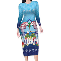 Guam Chamorro Family Matching Long Sleeve Bodycon Dress and Hawaiian Shirt Tribal Latte Stone With Dolphins Blue LT05 Mom's Dress Blue - Polynesian Pride