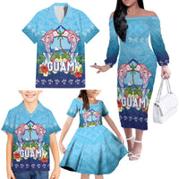 Guam Chamorro Family Matching Off The Shoulder Long Sleeve Dress and Hawaiian Shirt Tribal Latte Stone With Dolphins Blue LT05 - Polynesian Pride
