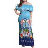 Guam Chamorro Family Matching Off Shoulder Maxi Dress and Hawaiian Shirt Tribal Latte Stone With Dolphins Blue LT05 Mom's Dress Blue - Polynesian Pride