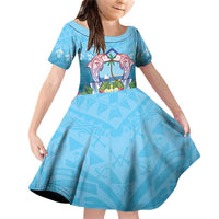 Guam Chamorro Family Matching Off Shoulder Short Dress and Hawaiian Shirt Tribal Latte Stone With Dolphins Blue LT05 Daughter's Dress Blue - Polynesian Pride