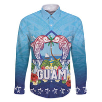 Guam Chamorro Family Matching Off Shoulder Short Dress and Hawaiian Shirt Tribal Latte Stone With Dolphins Blue LT05 Dad's Shirt - Long Sleeve Blue - Polynesian Pride