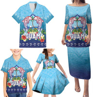 Guam Chamorro Family Matching Puletasi and Hawaiian Shirt Tribal Latte Stone With Dolphins Blue LT05 - Polynesian Pride