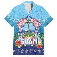 Guam Chamorro Family Matching Puletasi and Hawaiian Shirt Tribal Latte Stone With Dolphins Blue LT05 Dad's Shirt - Short Sleeve Blue - Polynesian Pride