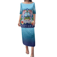 Guam Chamorro Family Matching Puletasi and Hawaiian Shirt Tribal Latte Stone With Dolphins Blue LT05 Mom's Dress Blue - Polynesian Pride