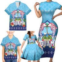 Guam Chamorro Family Matching Short Sleeve Bodycon Dress and Hawaiian Shirt Tribal Latte Stone With Dolphins Blue LT05 - Polynesian Pride