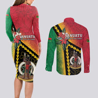 Happy Vanuatu Constitution Day Couples Matching Long Sleeve Bodycon Dress and Long Sleeve Button Shirt Flag Style With Sand Drawing Pattern LT05 - Polynesian Pride
