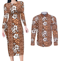Hawaii Vintage Brown Hibiscus Tapa Pattern Couples Matching Long Sleeve Bodycon Dress and Long Sleeve Button Shirt