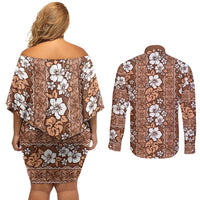 Hawaii Vintage Brown Hibiscus Tapa Pattern Couples Matching Off Shoulder Short Dress and Long Sleeve Button Shirt