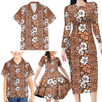 Hawaii Vintage Brown Hibiscus Tapa Pattern Family Matching Long Sleeve Bodycon Dress and Hawaiian Shirt LT05 - Polynesian Pride