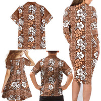 Hawaii Vintage Brown Hibiscus Tapa Pattern Family Matching Long Sleeve Bodycon Dress and Hawaiian Shirt LT05 - Polynesian Pride