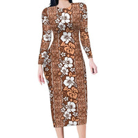 Hawaii Vintage Brown Hibiscus Tapa Pattern Family Matching Long Sleeve Bodycon Dress and Hawaiian Shirt LT05 Mom's Dress Brown - Polynesian Pride