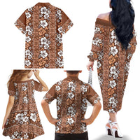 Hawaii Vintage Brown Hibiscus Tapa Pattern Family Matching Off The Shoulder Long Sleeve Dress and Hawaiian Shirt LT05 - Polynesian Pride