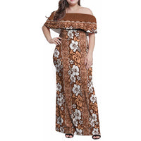 Hawaii Vintage Brown Hibiscus Tapa Pattern Family Matching Off Shoulder Maxi Dress and Hawaiian Shirt LT05 Mom's Dress Brown - Polynesian Pride