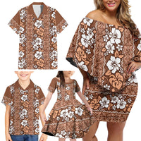 Hawaii Vintage Brown Hibiscus Tapa Pattern Family Matching Off Shoulder Short Dress and Hawaiian Shirt LT05 - Polynesian Pride