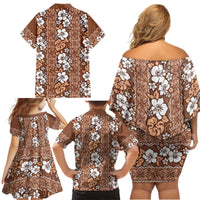 Hawaii Vintage Brown Hibiscus Tapa Pattern Family Matching Off Shoulder Short Dress and Hawaiian Shirt LT05 - Polynesian Pride