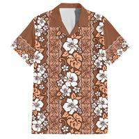 Hawaii Vintage Brown Hibiscus Tapa Pattern Family Matching Off Shoulder Short Dress and Hawaiian Shirt LT05 Dad's Shirt - Short Sleeve Brown - Polynesian Pride