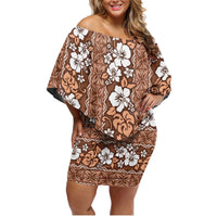 Hawaii Vintage Brown Hibiscus Tapa Pattern Family Matching Off Shoulder Short Dress and Hawaiian Shirt LT05 Mom's Dress Brown - Polynesian Pride