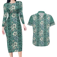 Hawaii Vintage Green Hibiscus Tapa Pattern Couples Matching Long Sleeve Bodycon Dress and Hawaiian Shirt LT05 Green - Polynesian Pride