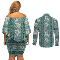 Hawaii Vintage Green Hibiscus Tapa Pattern Couples Matching Off Shoulder Short Dress and Long Sleeve Button Shirt