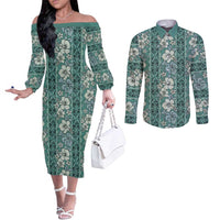 Hawaii Vintage Green Hibiscus Tapa Pattern Couples Matching Off The Shoulder Long Sleeve Dress and Long Sleeve Button Shirt
