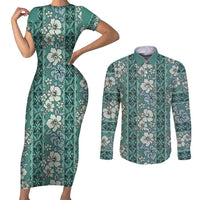 Hawaii Vintage Green Hibiscus Tapa Pattern Couples Matching Short Sleeve Bodycon Dress and Long Sleeve Button Shirt