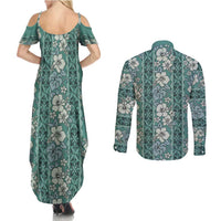 Hawaii Vintage Green Hibiscus Tapa Pattern Couples Matching Summer Maxi Dress and Long Sleeve Button Shirt