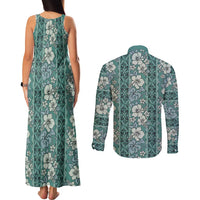 Hawaii Vintage Green Hibiscus Tapa Pattern Couples Matching Tank Maxi Dress and Long Sleeve Button Shirt