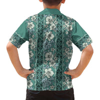 Hawaii Vintage Green Hibiscus Tapa Pattern Family Matching Off The Shoulder Long Sleeve Dress and Hawaiian Shirt LT05 - Polynesian Pride