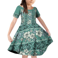Hawaii Vintage Green Hibiscus Tapa Pattern Family Matching Off Shoulder Short Dress and Hawaiian Shirt LT05 Daughter's Dress Green - Polynesian Pride