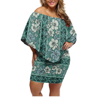Hawaii Vintage Green Hibiscus Tapa Pattern Family Matching Off Shoulder Short Dress and Hawaiian Shirt LT05 Mom's Dress Green - Polynesian Pride
