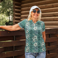 Hawaii Vintage Green Hibiscus Tapa Pattern Women Polo Shirt