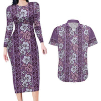 Hawaii Vintage Violet Hibiscus Tapa Pattern Couples Matching Long Sleeve Bodycon Dress and Hawaiian Shirt LT05 Violet - Polynesian Pride